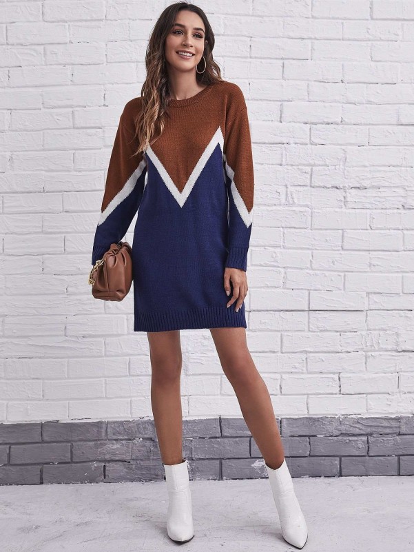 Drop Shoulder Chevron Colorblock Sweater Dress