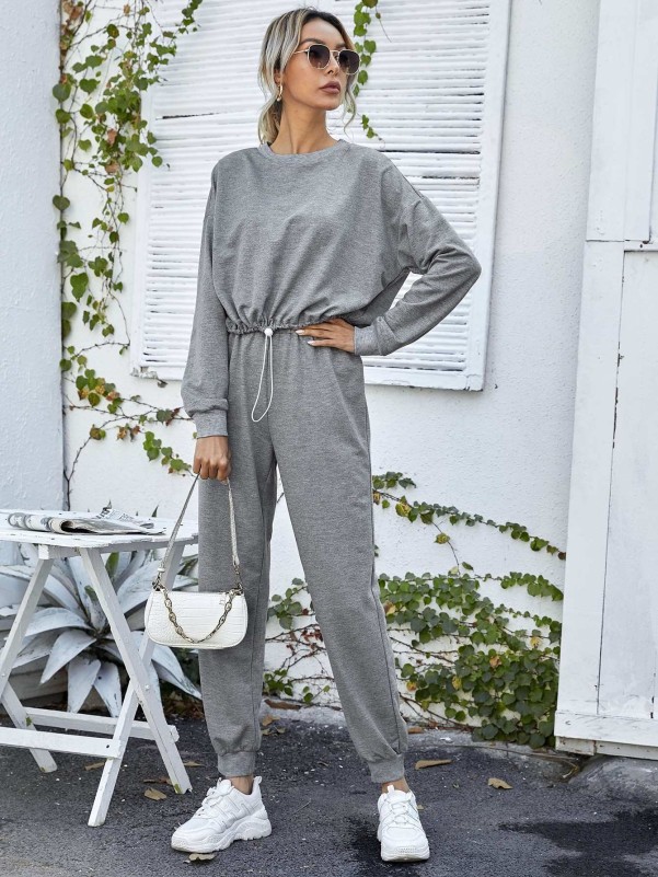 Grey Zip Up Drop Shoulder Drawstring Hoodie & Sweatpants Set