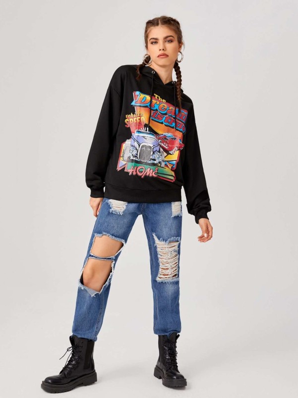 Car & Letter Graphic Drawstring Hoodie