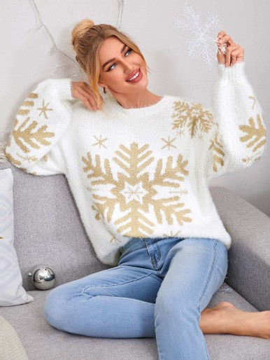 Drop Shoulder Snowflake Pattern Oversize Sweater