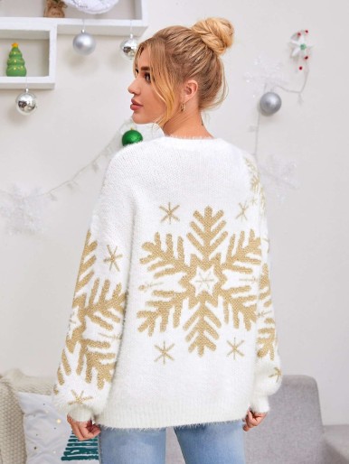 Drop Shoulder Snowflake Pattern Oversize Sweater