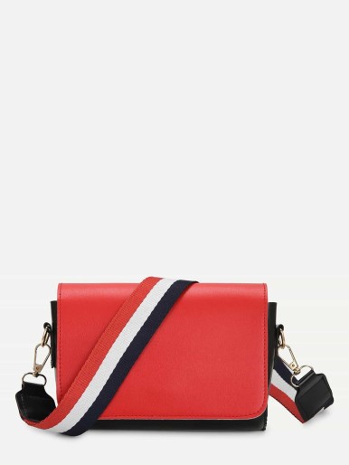 Two Tone Flap Shoulder Bag With Striped Strap