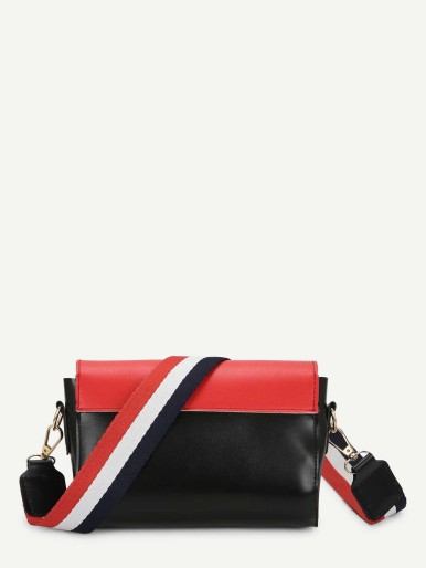 Two Tone Flap Shoulder Bag With Striped Strap