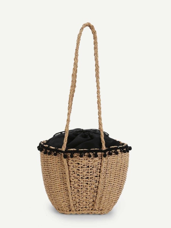 Contrast Trim Straw Bag