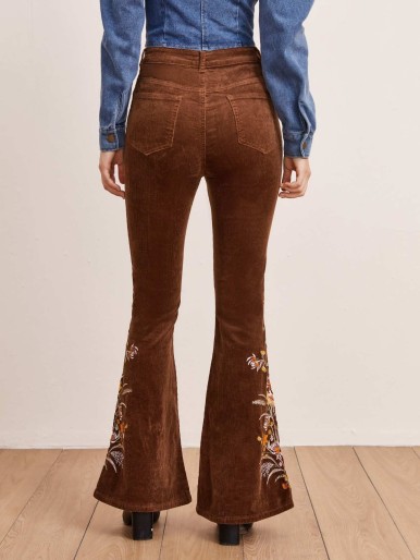 Embroidered Flower Cord Flare Leg Pants Without Belt