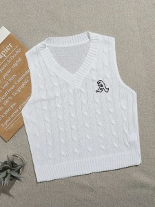 Embroidered Letter Cable Knit Sweater Vest