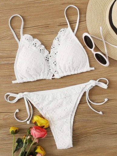 Eyelet Embroidery Triangle Tie Side Bikini Swimsuit