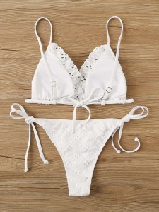 Eyelet Embroidery Triangle Tie Side Bikini Swimsuit