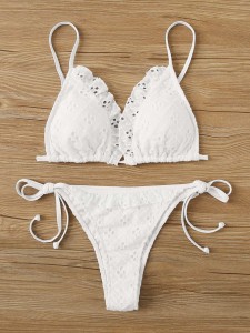 Eyelet Embroidery Triangle Tie Side Bikini Swimsuit