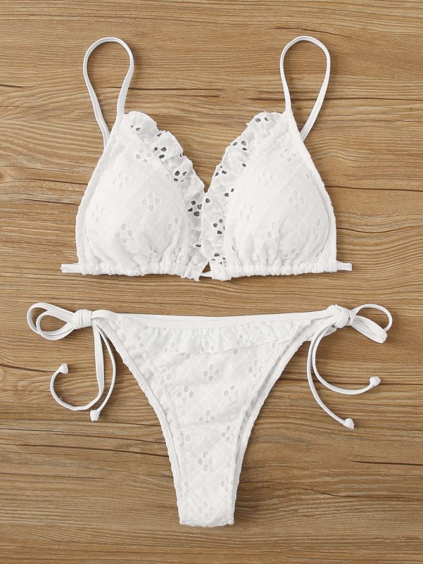 Eyelet Embroidery Triangle Tie Side Bikini Swimsuit