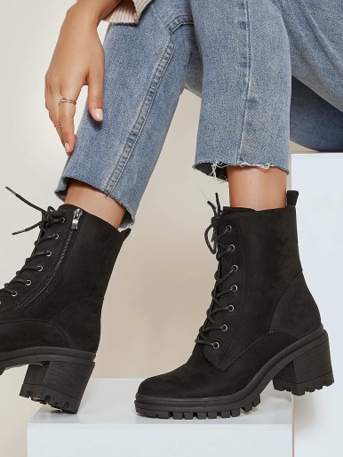 Faux Suede Lace-Up Lug Combat Boots