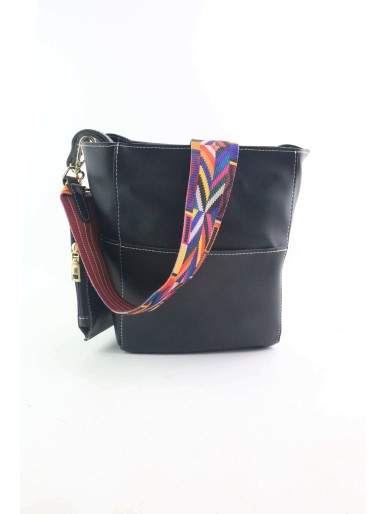 Black Patchwork Leather Wide Strap Bucket Bag With Purse