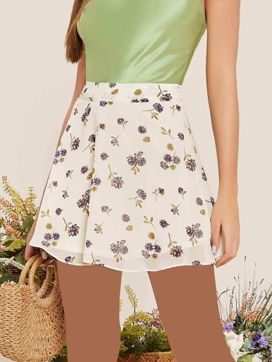 Flared A-Line Floral Mini Skirt