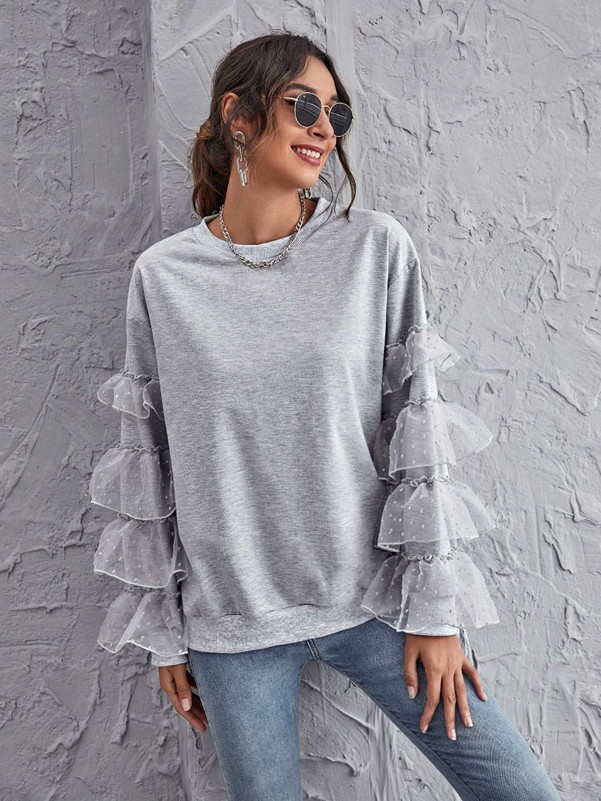 Flocked Mesh Layered Sleeve Sweatshirt