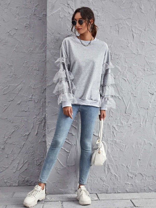 Flocked Mesh Layered Sleeve Sweatshirt