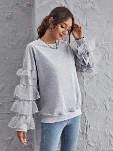 Flocked Mesh Layered Sleeve Sweatshirt