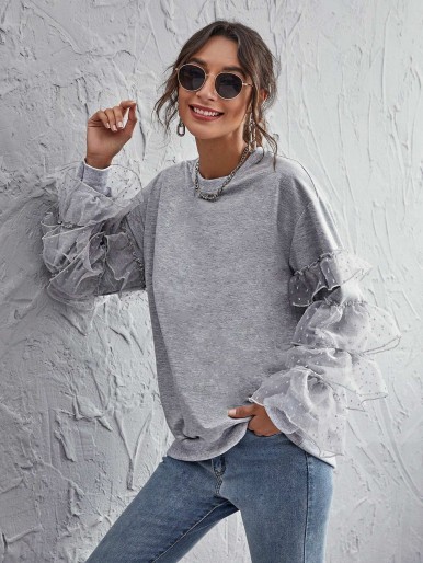 Flocked Mesh Layered Sleeve Sweatshirt