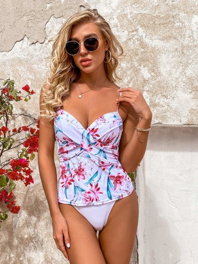 Floral & Leaf Print Bikini Swimsuit