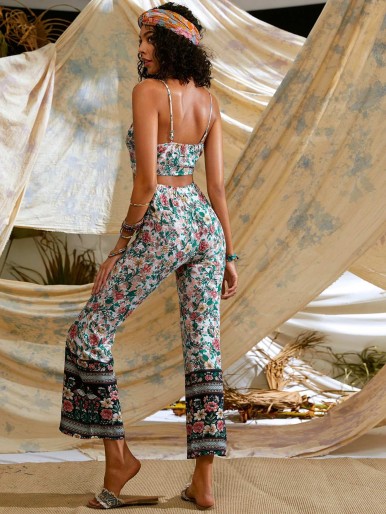 Floral Cami Top With Tribal Print Flare Leg Pants