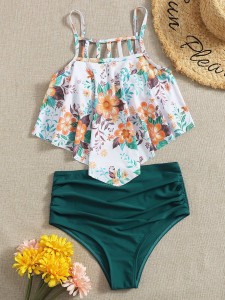 Floral Cut-out Hanky Hem High Waisted Bikini Swimsuit