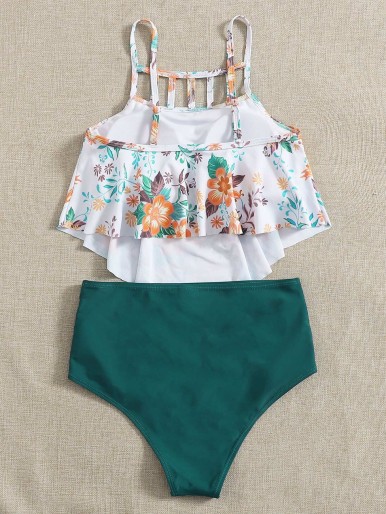 Floral Cut-out Hanky Hem High Waisted Bikini Swimsuit