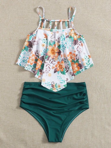 Floral Cut-out Hanky Hem High Waisted Bikini Swimsuit