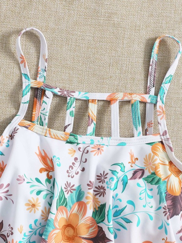 Floral Cut-out Hanky Hem High Waisted Bikini Swimsuit