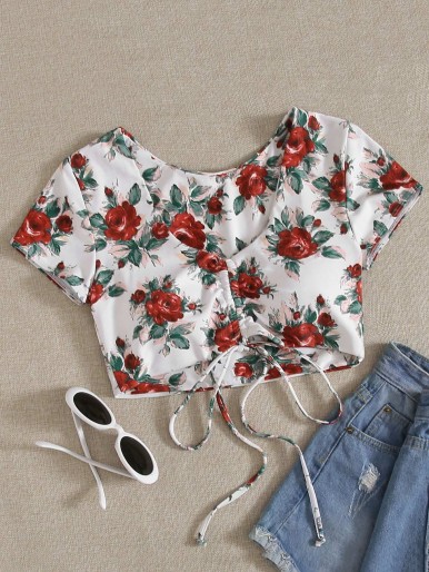 Floral Drawstring Front Bikini Top