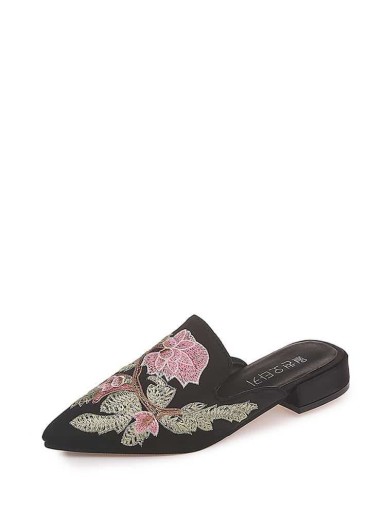 Floral Embroidered Pointed Toe Mules