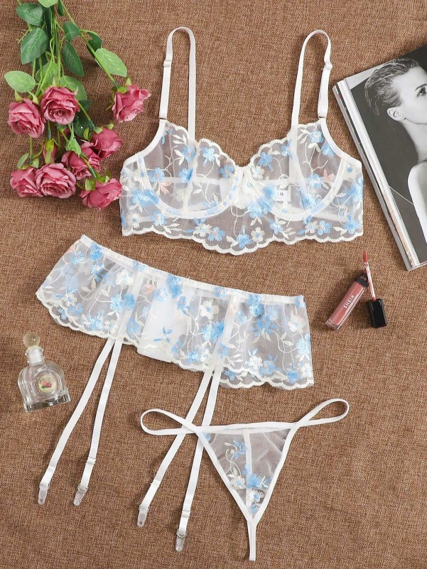 Floral Embroidery Mesh Garter Lingerie Set 