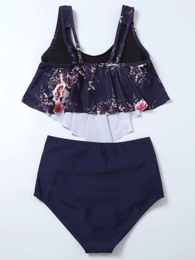 Floral Hanky Hem Ruched Bikini Swimsuit