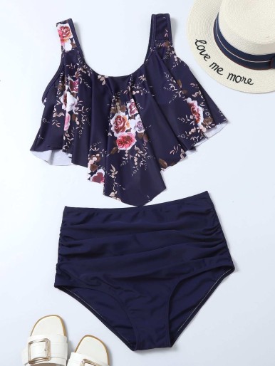 Floral Hanky Hem Ruched Bikini Swimsuit