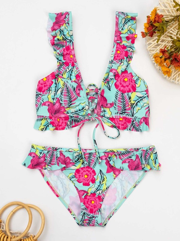 Floral Lace-up Front Ruffle Trim Bikini Swimsuit