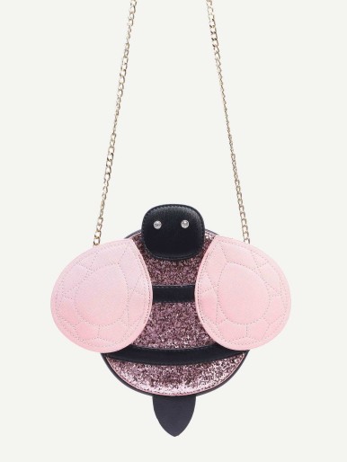 Pink Bee Shaped Glitter Bag With Chain