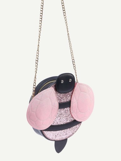 Pink Bee Shaped Glitter Bag With Chain