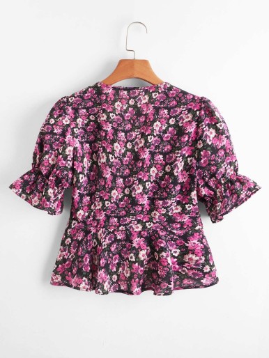 Floral Print Flounce Sleeve Tie Front Top