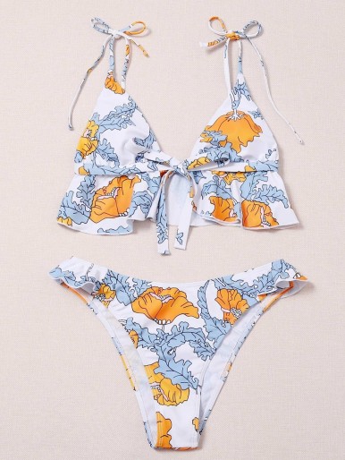 Floral Ruffle Hem Knot Bikini Swimsuit