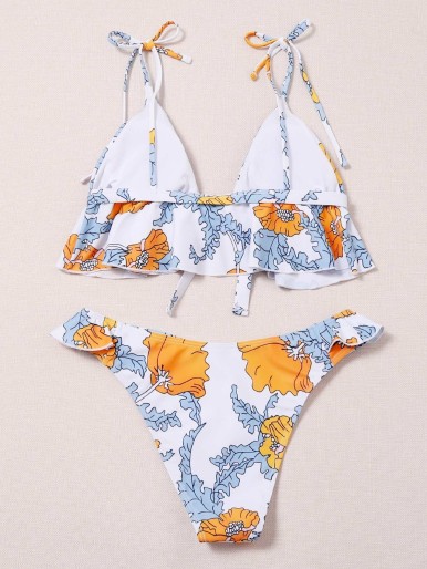 Floral Ruffle Hem Knot Bikini Swimsuit