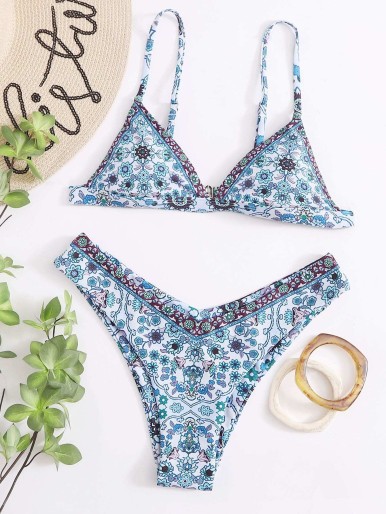 Floral Triangle High Cut Bikini Swimsuit