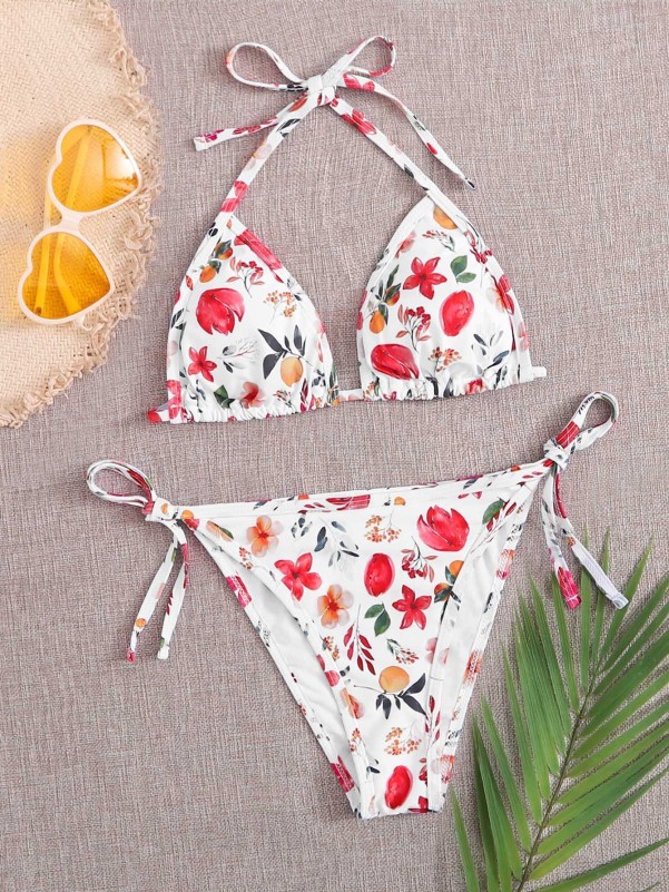 Floral Triangle Tie Side Bikini Swimsuit