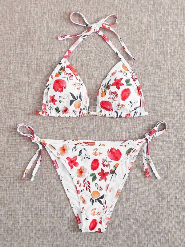 Floral Triangle Tie Side Bikini Swimsuit