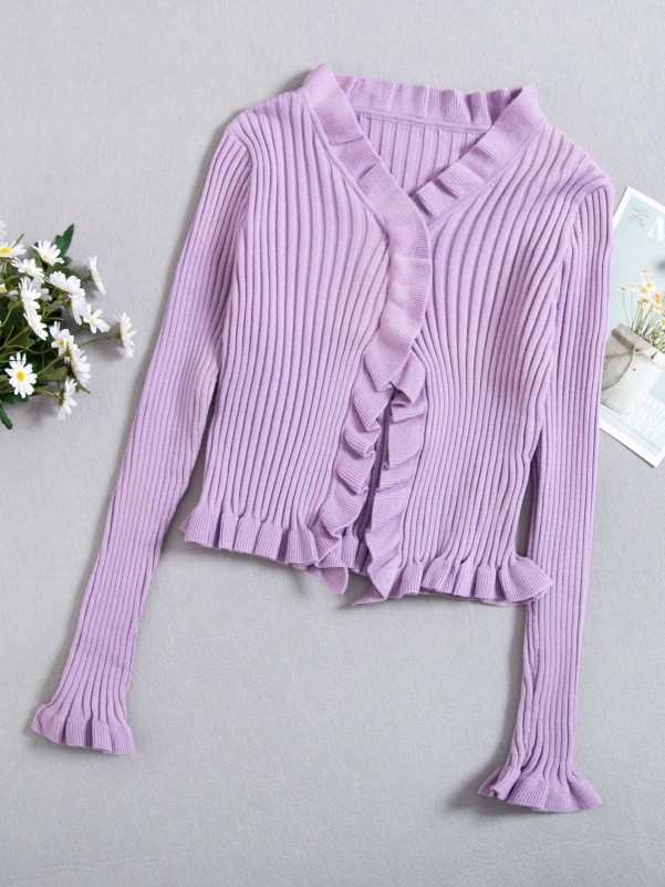 Flounce Sleeve Ruffle Trim Solid Cardigan