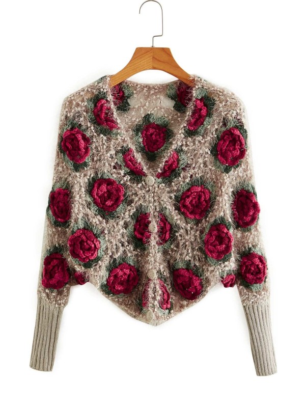 Flower Pattern Fuzzy Knit Cardigan