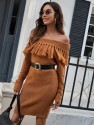 Fold Off Shoulder Fringe Detail Sweater Dress Without Belt