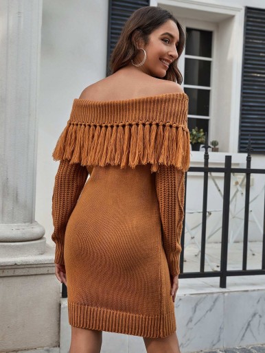 Fold Off Shoulder Fringe Detail Sweater Dress Without Belt