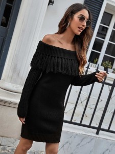 Fold Off Shoulder Fringe Detail Sweater Dress Without Belt