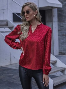 Frill Notched Neck Jacquard Satin Blouse