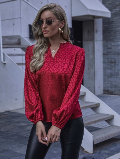 Frill Notched Neck Jacquard Satin Blouse