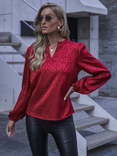 Frill Notched Neck Jacquard Satin Blouse