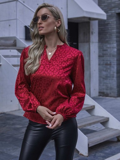 Frill Notched Neck Jacquard Satin Blouse